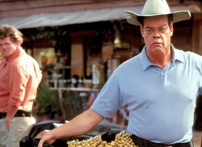 Image similar to shooter mcgavin, movie still, selling street corn, 8 k, realistic