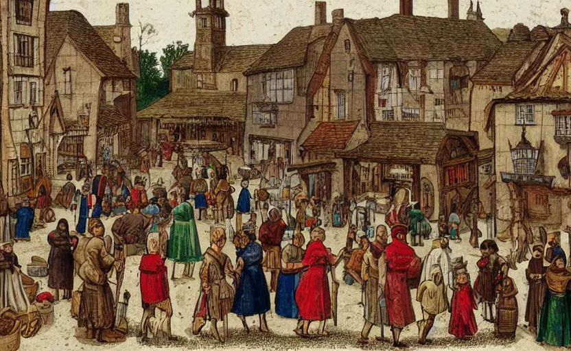 Image similar to central square of a medieval village, busy scene with lots of people engaged in trading various goods and services appropriate for the time. a beautiful digital illustration.