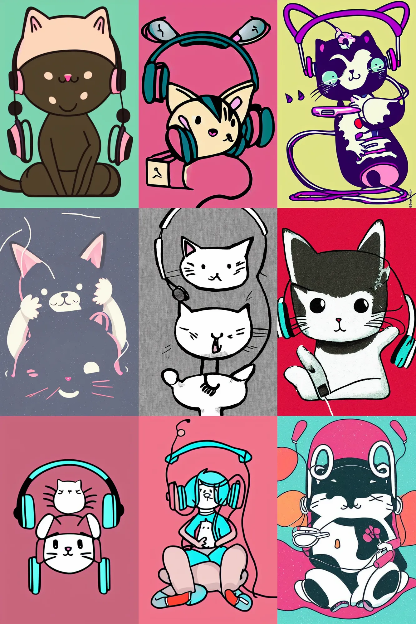 Prompt: Kawaii illustration of a cat listening to music on headphones