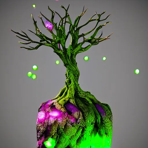 Prompt: a crazy alien tree with purple leaves and glowing green crystal fruit, cinematic, realistic