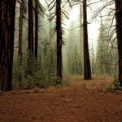 Image similar to a dark forest somewhere in usa, old forgotten photo