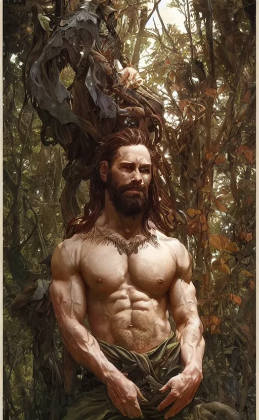 Image similar to god of the forest, 3 0 years old, rugged, male, gorgeous, detailed face, amazing, thighs!!!!!!, muscular, intricate, highly detailed, digital painting, artstation, concept art, sharp focus, illustration, art by greg rutkowski and alphonse mucha