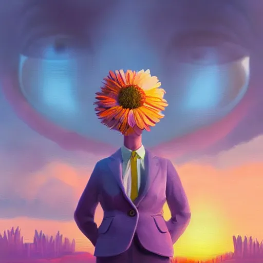 Prompt: giant daisy flower face, frontal, girl in a suit, surreal photography, sunrise, dramatic light, impressionist painting, digital painting, artstation, simon stalenhag