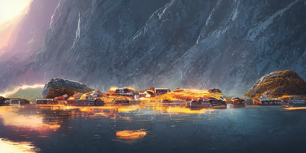 Prompt: a small asteroid mining village nestled in the fjords of norway by alena aenami, petros afshar