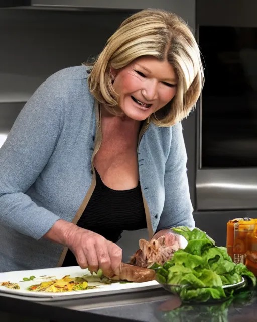 Image similar to wide shot photoshoot of martha stewart preparing a meal for her friend snoop dogg, 8 k, photorealistic