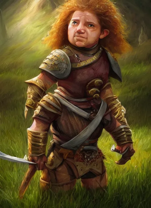 Image similar to A fantasy portrait painting of a halfling fighter prepared for battle on a beautiful meadow, DAZ, hyperrealistic, ambient light, dynamic light, trending on artstation, d&d, RPG portrait