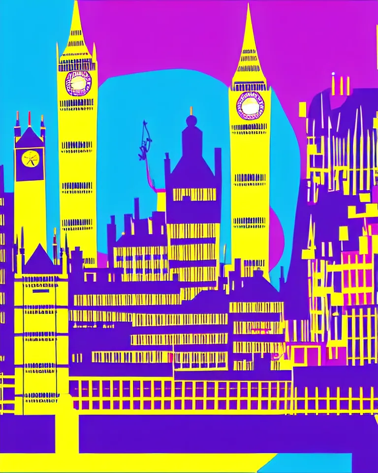 Image similar to city of london, london bridge, big ben, bright colors, in the style of hiroshi nagai, very detailed