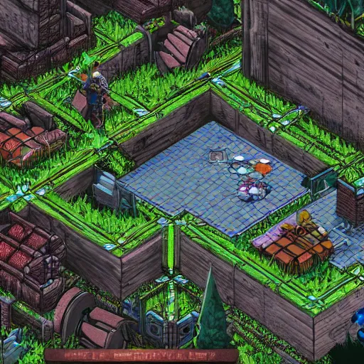 Image similar to hyper detailed isometric view of a young cyberpunk explorer in a forest, final fantasy tactics screenshot