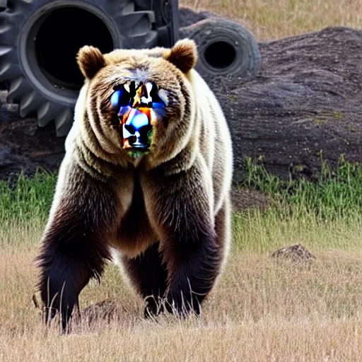 Image similar to grizzly bear holding a mounted minigun