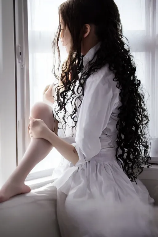 Image similar to a girl in a maid's outfit in the bedroom a night, raining outside the window, wavy white long hair, by rei _ 1 7, detailed eyes, 4 k resolution