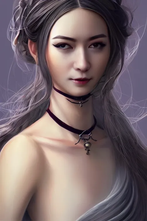 Image similar to a full body portrait of a gorgeous female monk, D&D, choker on neck, face visible, stylish dress, very long flowing hair, intricate, elegant, stylish, cute slightly nerdy smile, mouth slightly open, fantasy, highly detailed, digital painting, artstation, concept art, smooth, sharp focus, illustration, art by artgerm and greg rutkowski and alphonse mucha