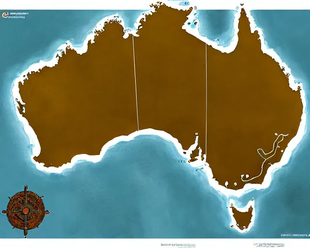 Prompt: recently rediscovered map of Australia with river systems and topology, lifelike, super highly detailed, professional digital painting, artstation, concept art, smooth, sharp focus, extreme illustration, Unreal Engine 5, Photorealism, HD quality, 8k resolution, cinema 4d, 3D, beautiful, cinematic, art by artgerm and greg rutkowski and alphonse mucha and loish and WLOP