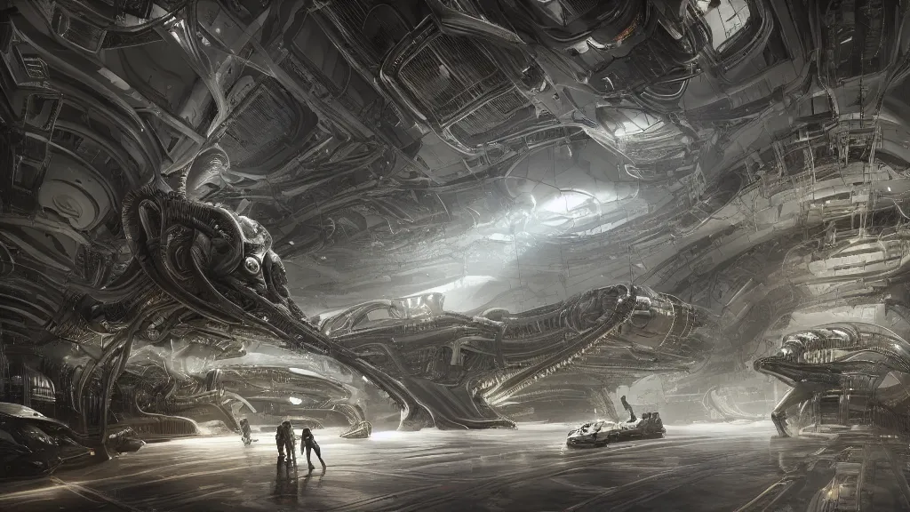 Prompt: a Photorealistic dramatic hyperrealistic,hyper detailed render of an Epic Sci-Fi, Gigantic Alien xenomorph spaceship inside huge interior hangar,intricate bio mechanical surface details in a top secret research facility,many tubes and cables hanging from the ceiling by Greg Rutkowski,Craig Mullins,ILM,Beautiful dynamic dramatic moody lighting,Volumetric,Cinematic Atmosphere,Octane Render,Artstation,8k