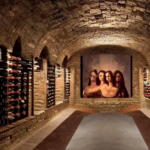 Prompt: an ancient wine cellar with six mona lisas hanging on the wall, still from a movie