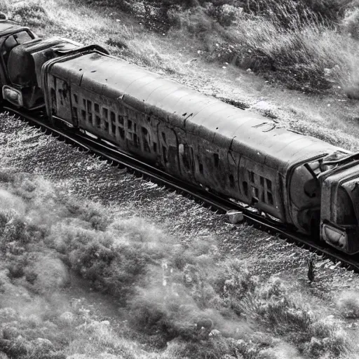 Image similar to a damaged train travelling through a wasteland while a cloud of ghosts is chasing it from behind, bird eye view