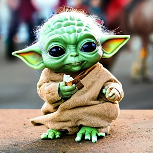 Image similar to baby yoda riding a horse and eating an ice cream