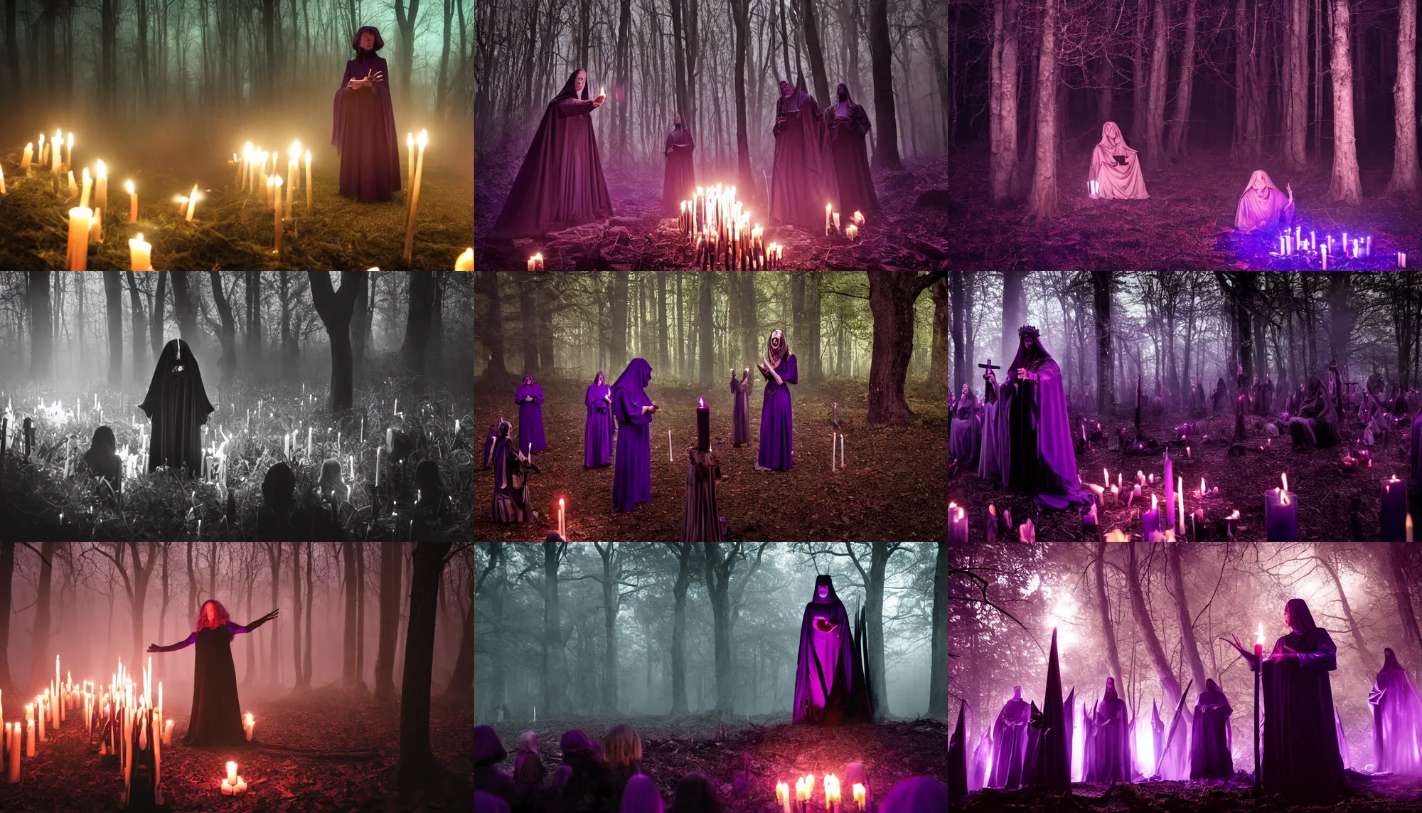 Prompt: ominous picture of the High priestess of the old ones cult preaching to her followers, dark forest illuminated by candles, purple color scheme, focus, sharp, award winning photograph.