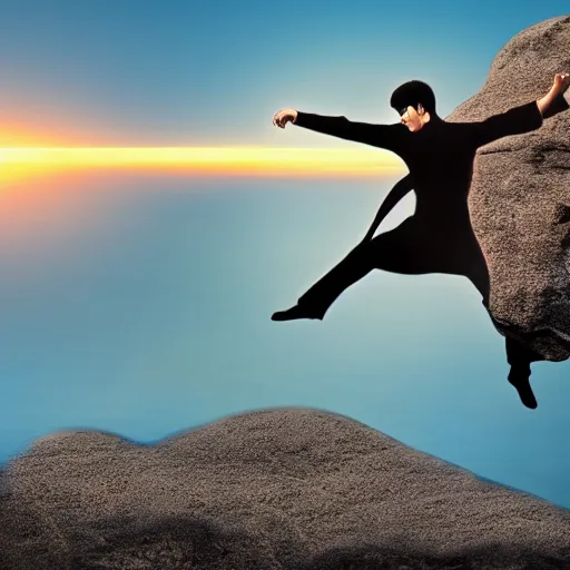 Prompt: Bruce Lee doing a kick on a rock while the sun rises in the background, HD, high resolution, cinematic, 4K