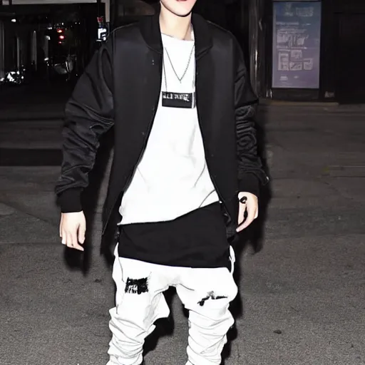 Image similar to justin bieber wearing a trashbag, cinematic style