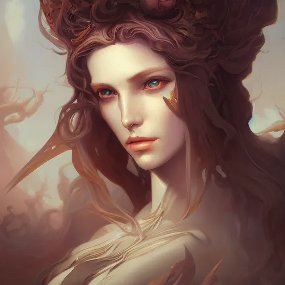 Image similar to a highly detailed beautiful portrait in the style of peter mohrbacher and in the style of jean delville, dslr, 8 4 mm, ray tracing, unreal engine 5, high quality