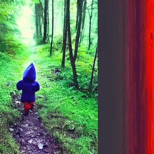 Image similar to bad quality screenshot of a leaked video of a small person dressed as gnome walking through a forest trail, photo taken from far away, night time, bright camera flash, camera shaking, disturbing, very scary, realistic, very disturbing, ultrarealistic, 480p, scary