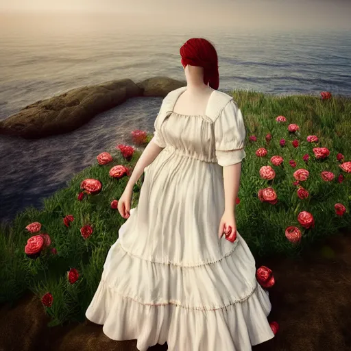 Image similar to a realistic wonderful lady dressed with a large and decorate majestic roses cotton dress that is coming out from a ocean, dramatic light, octane--8k