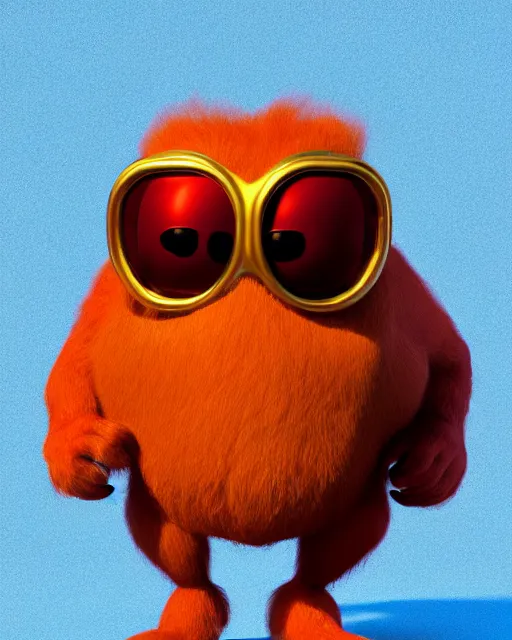 Prompt: 3 d render of completely red hairy friendly antropomorphic simple creature wearing chrome shades, without nose, full body, in the style of pixar, white background, unreal engine 5, octane render, highly detailed hdr