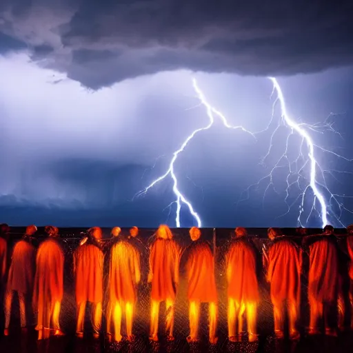 Prompt: humans praying in fear in front of a dangerous seal statue, storm clouds and lightning arcing through the sky, fire glowing and backlighting the scene, 4K photo