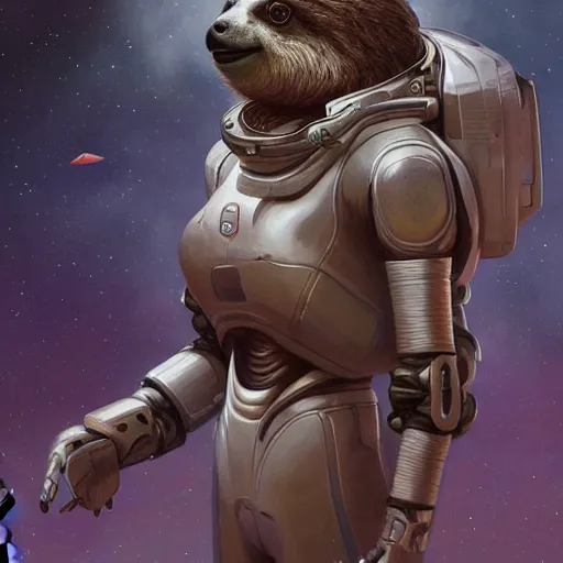 Image similar to detailed science - fiction character portrait of a sloth in space robot suit, intricate, wild, highly detailed, digital painting, artstation, concept art, smooth, sharp focus, illustration, art by artgerm and greg rutkowski and alphonse mucha