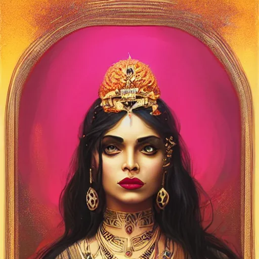 Prompt: side portrait of a beautiful Desi queen of tigers, pink and gold, by Anato Finnstark, Tom Bagshaw, Brom