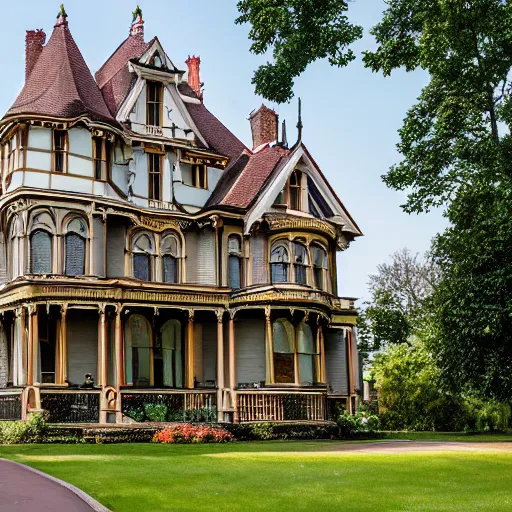 Image similar to beautiful victorian house, queen anne, mansard roof, turrets, photography, awarding winning, high quality, high resolution