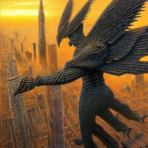 Image similar to winged kaiju attacks the city, atmospheric lighting, painted, intricate, golden hour, ultra detailed by peter gric, giger, enki bilal