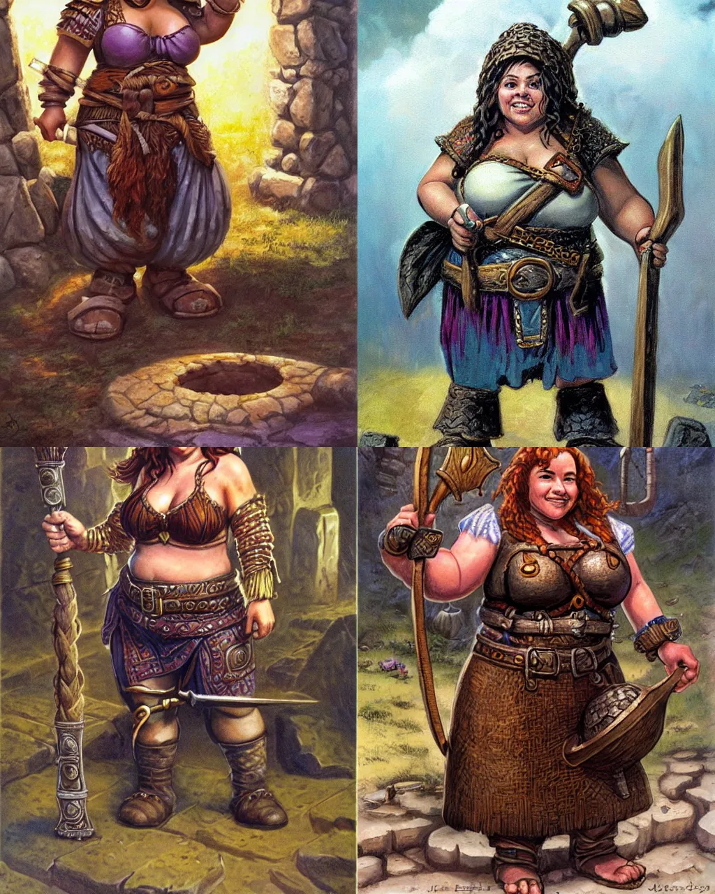 Prompt: female dwarven blacksmith, chubby short stature, elaborate hair, by jeff easley
