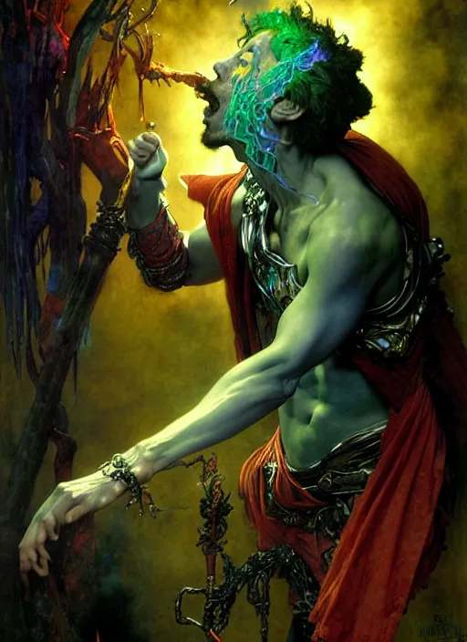 Prompt: wizard casting acid splash, dnd character art portrait, intricate fantasy painting, dramatic lighting, vivid colors, deviantart by edgar maxence and caravaggio and michael whelan and delacroix.