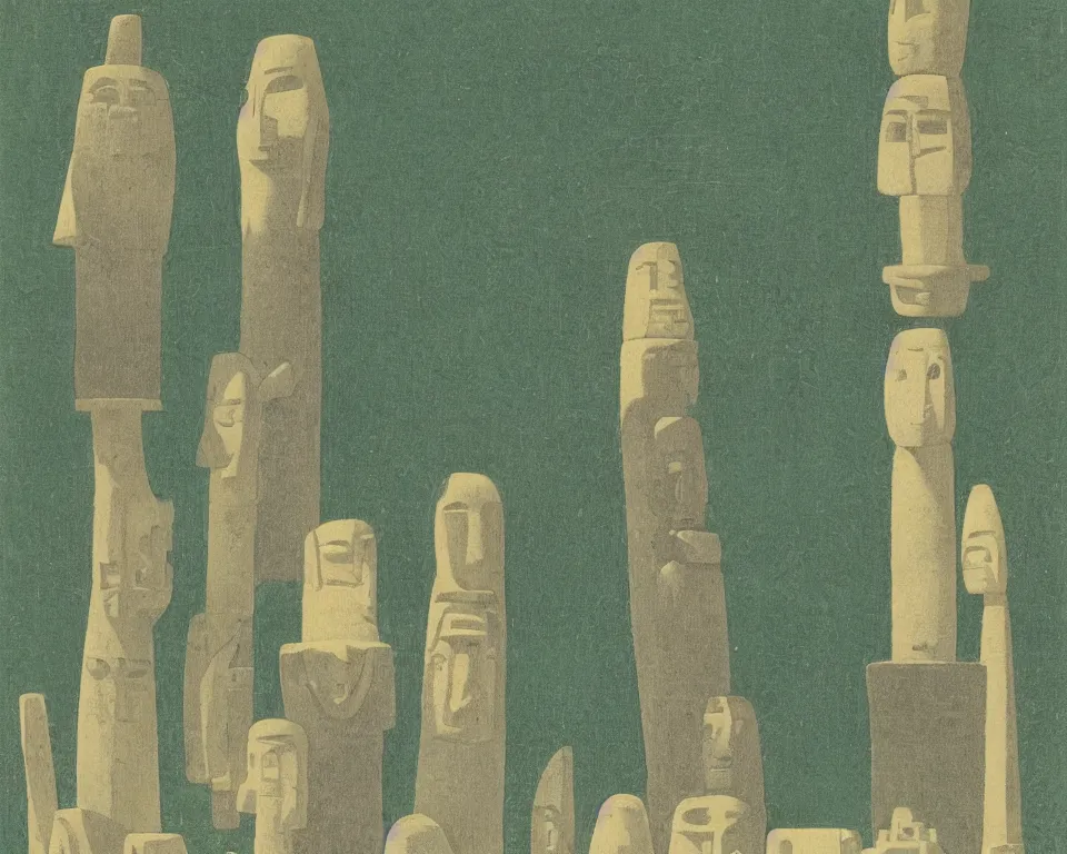 Prompt: Art Deco print of miniature stone tiki idols and totem poles in the jungle by Hasui Kawase and Lyonel Feininger.