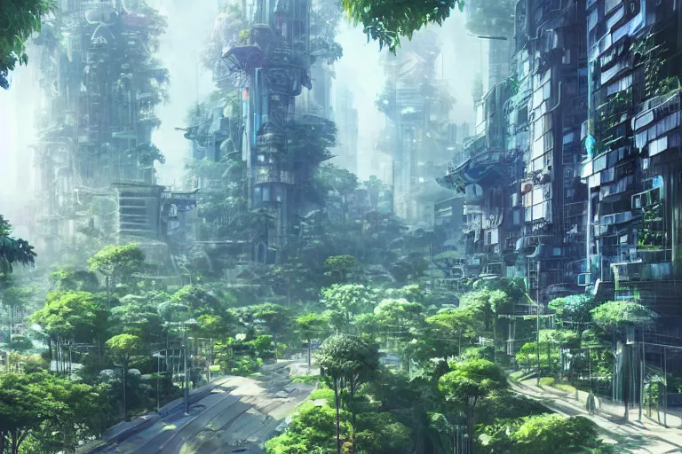 Image similar to futuristic city, lush vegetation, humid, early evening, cloudy, beautiful, dull pastel colors, realistic, hyper detailed, octane render, trending on artstation by yoshitaka amano and makoto shinkai, studio ghibli style