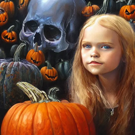 Image similar to a little girl with long golden blonde hair and blue eyes sitting amidst halloween decor, pumpkins, skulls. beautiful painting by raymond swanland and magali villanueve, beautiful detailed face.