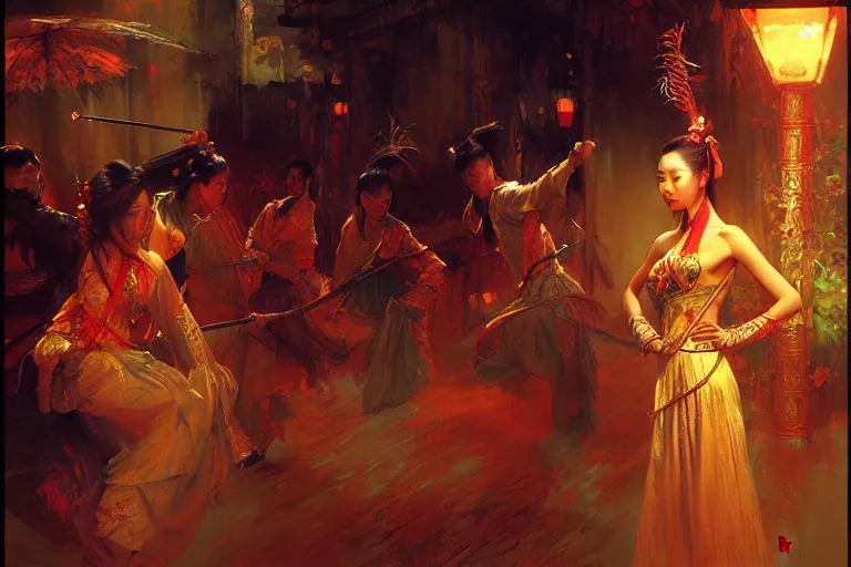 Image similar to wuxia, autumn, neon light, painting by gaston bussiere, craig mullins, j. c. leyendecker