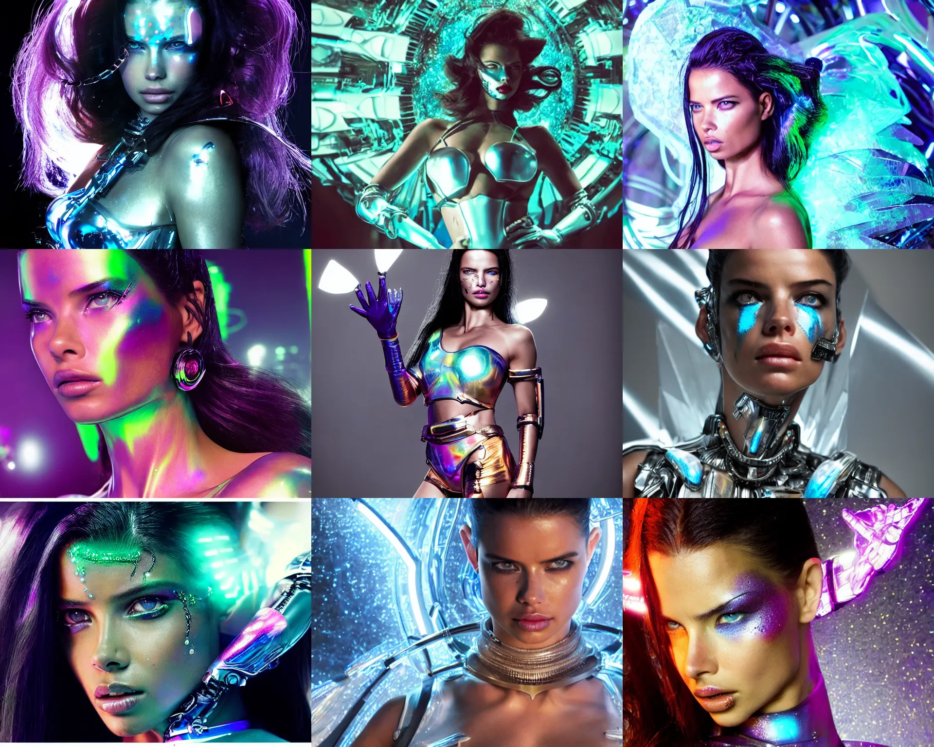 Prompt: Science fiction movie still of adriana lima as a pearlescent shiny cyborg young woman looking at the camera :: artsy photoshoot, hair worn up, rave makeup, elaborate oled jewelry, fun rave outfit, :: trending on artstation, morning, ue5, sci-fi, epic digital concept art, smooth, :: nixri, Greg rutkowski, wlop, ::