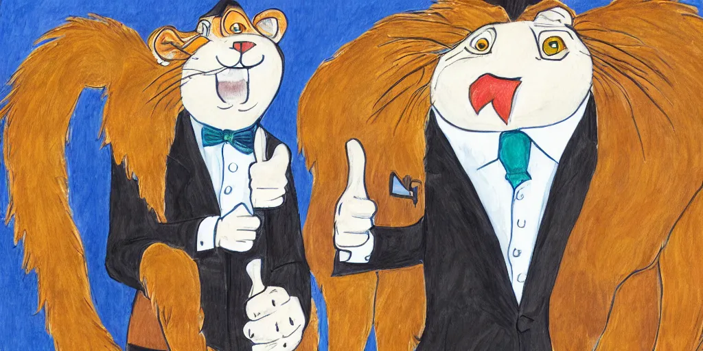 Prompt: an anthropomorphic lion wearing a suit and giving a thumbs up to his business partner, by lisa hanawalt, by wanda gag