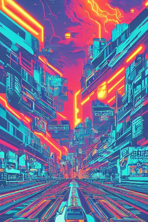 Image similar to thunders in the sky in a future cybernetic city, outrun style and colours, trending on arstation, by dan mumford, by ross tran