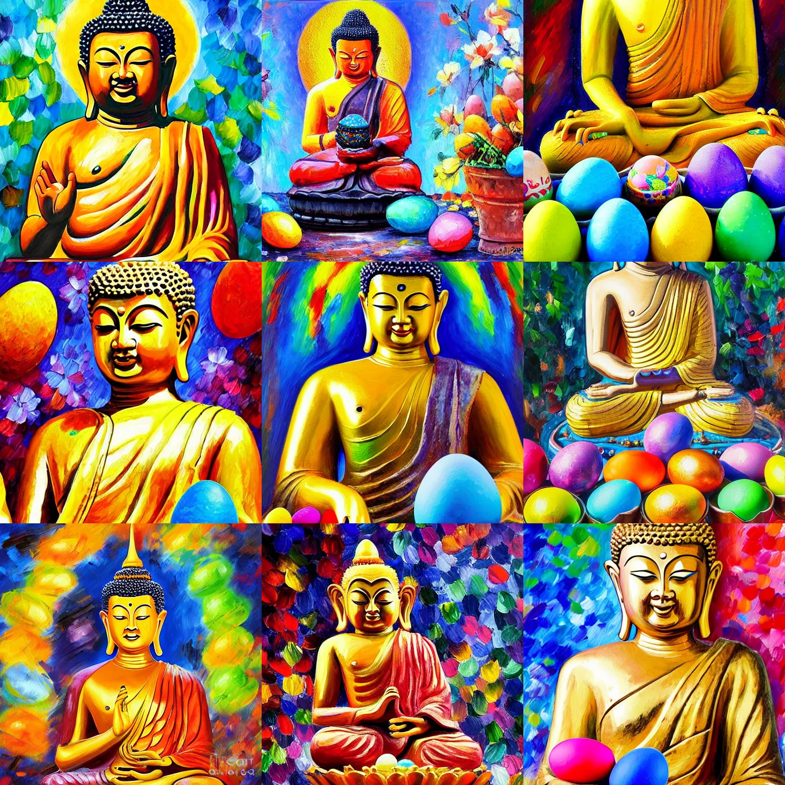 Prompt: painting of a thai budha statue holding easter eggs, in the style of afremov, leonid