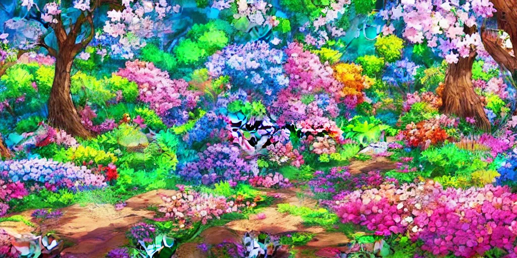 Image similar to a !!!!beautiful landscape of multi coloured flowers, trees and bushes. Anime style.