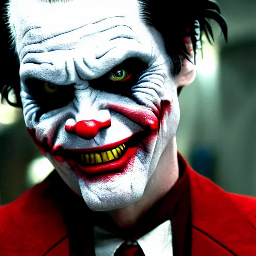 Prompt: Jim Carrey as Joker in the Dark Knight, 4k, high resolution photo, award-winning