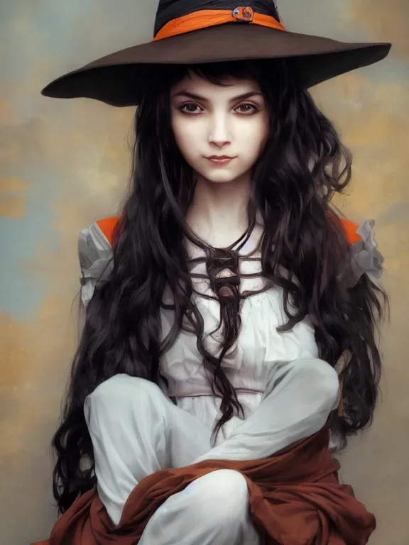 Prompt: Full shot of a mischievous young witch about to get up to some trouble. Latin American fashion. Black and Orange palette. Latina girl. brown skin. Symmetrical facial features. By Ruan Jia and Artgerm and Range Murata and WLOP and Ross Tran and William-Adolphe Bouguereau. Key Art. Fantasy Illustration. award winning, Artstation, intricate details, realistic, Hyperdetailed, 8k resolution.