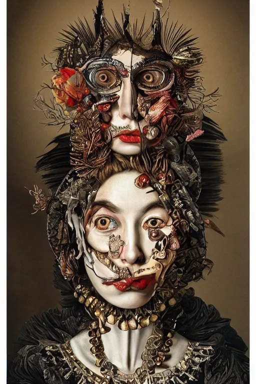 Prompt: Detailed maximalist portrait with large lips and wide white eyes, angry expression, HD 3D mixed media collage, highly detailed and intricate illustration in the style of Caravaggio, surreal dark art, baroque