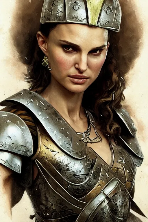 Image similar to natalie portman, legendary warrior, heroic, lord of the rings, tattoos, decorative ornaments, battle armor, by carl spitzweg, ismail inceoglu, vdragan bibin, hans thoma, greg rutkowski, alexandros pyromallis, perfect face, fine details, realistic shading photorealism