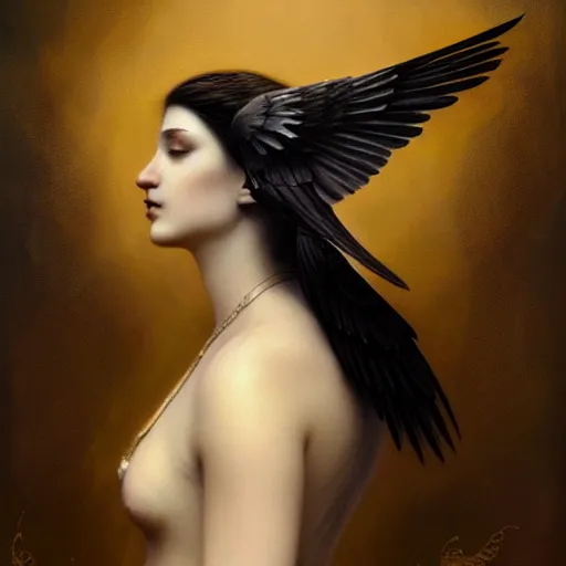 Image similar to young goddess of crows, unusual sublime beauty, emotionally evoking symbolic metaphors, head in focus, fantasy, ornamental, intricate, elegant, sensual, highly detailed digital painting, artstation, concept art, painterly, golden ratio, sharp focus, illustration, art by John Collier and Krenz Cushart and Artem Demura and and Greg Rutkowski and Alphonse Mucha and Albert Aublet