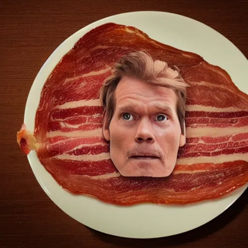 Prompt: an ultra realistic photograph of a bacon rasher on a plate, with kevin bacon's face
