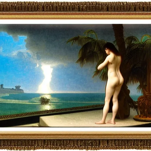 Image similar to Silhouette of two girl at the palace, thunderstorm, greek pool, beach and palm trees on the background major arcana sky, by paul delaroche, alphonse mucha and arnold böcklin arnold böcklin hyperrealistic 8k, very detailed